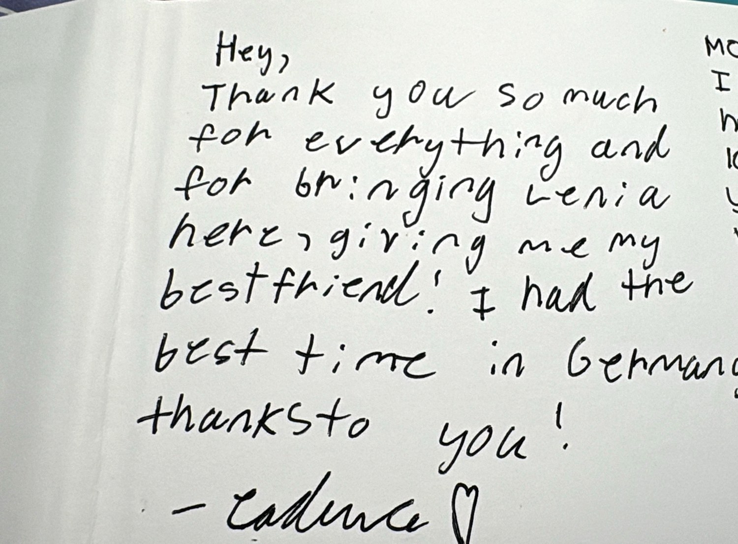 Handwritten goodbye letter from Cadence (Florida, USA) after the exchange year in Vero Beach, Florida